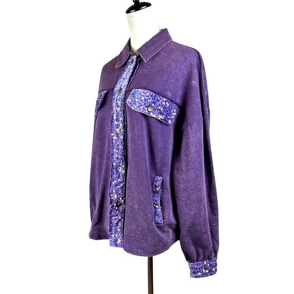 White Birch Purple Mineral Wash Velvet Trim Sequis Button Up Relaxed Shacket - Picture 6 of 16